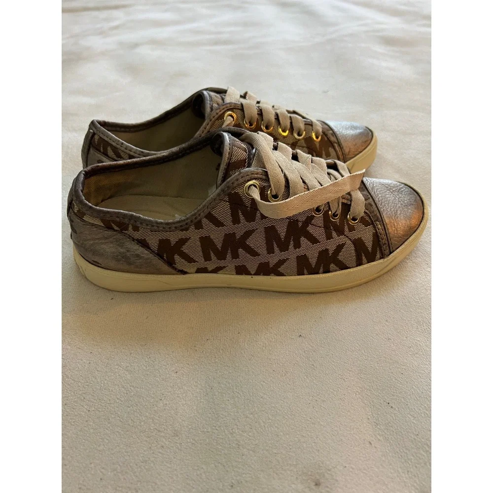Michael Kors MK Logo Canvas Leather Trim Low Top Sneakers Women's Size 7M Bronze
